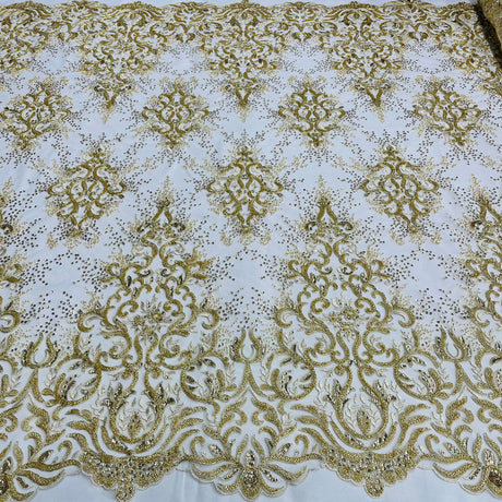 1 Yard Beaded & Corded Bridal Lace Fabric Embroidered on 100% Polyester Net Mesh