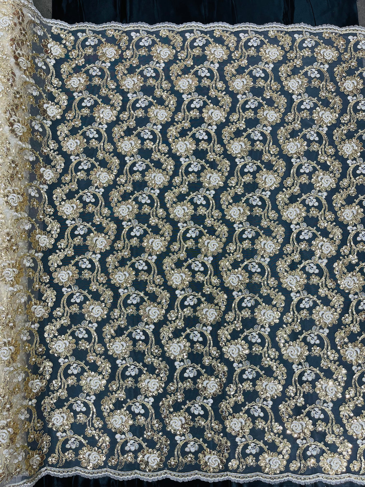 Pamela Floral Lace Polyester Fabric - Floral Corded Embroidered Sequin Lace, 50-54" Width (1 Yard)