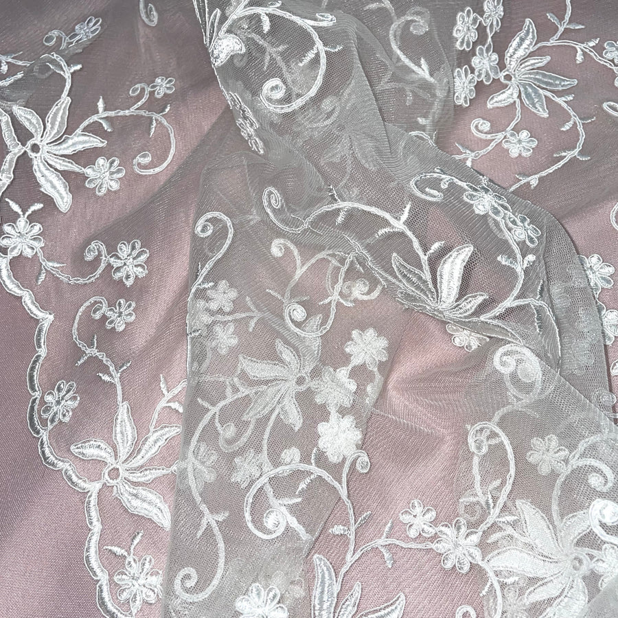 1 Yard - Corded Bridal Lace Fabric Embroidered on 100% Polyester Net Mesh - Ivory - 54"