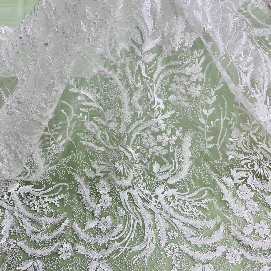 1 Yard Elegant Beaded Lace Fabric Embroidered on Polyester Net Mesh