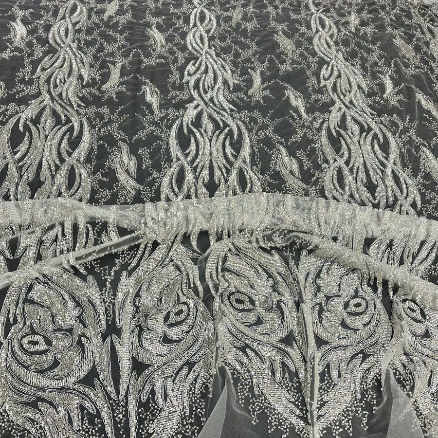1 Yard Beaded and Corded Bridal Lace Fabric Embroidered on Polyester Net Mesh