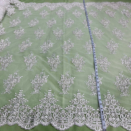 1 Yard Beaded Corded Lace Fabric Embroidered 100 Percent Polyester Net Mesh 56 inch Width