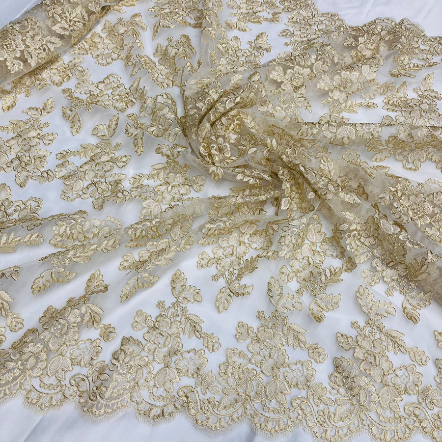 1 Yard - Corded Bridal Lace Fabric Embroidered on 100% Polyester Net Mesh - 51" Wide