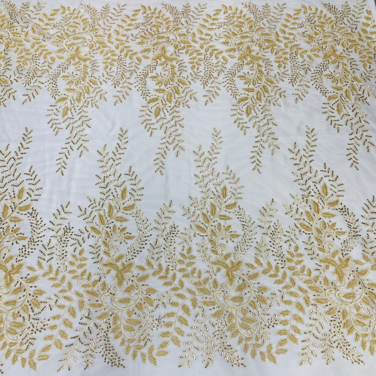 Beaded Sequined Lace Fabric on Polyester Net Mesh