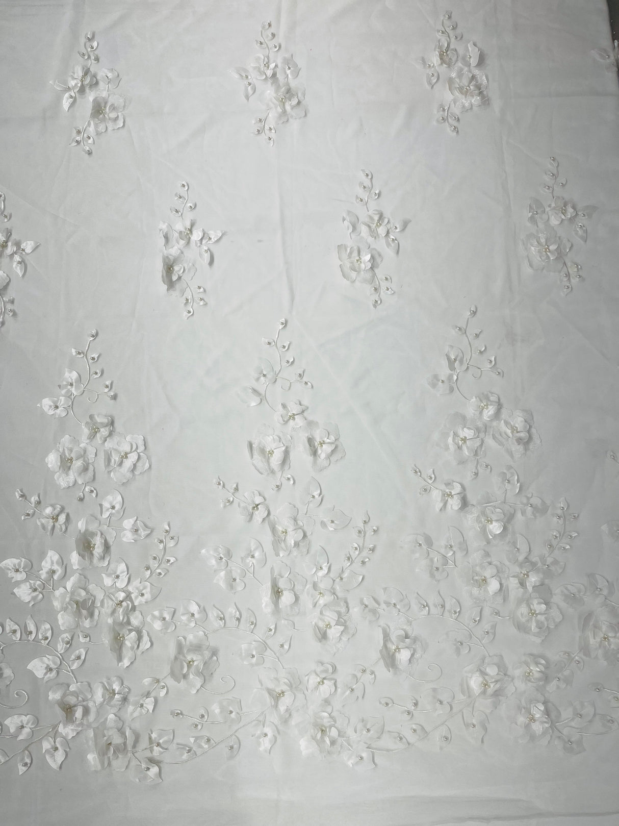 Orquidia 3D Floral Design Embroidered With Pearls Lace Fabric - 3D Floral Mesh Lace, 54" Width (1 Yard)
