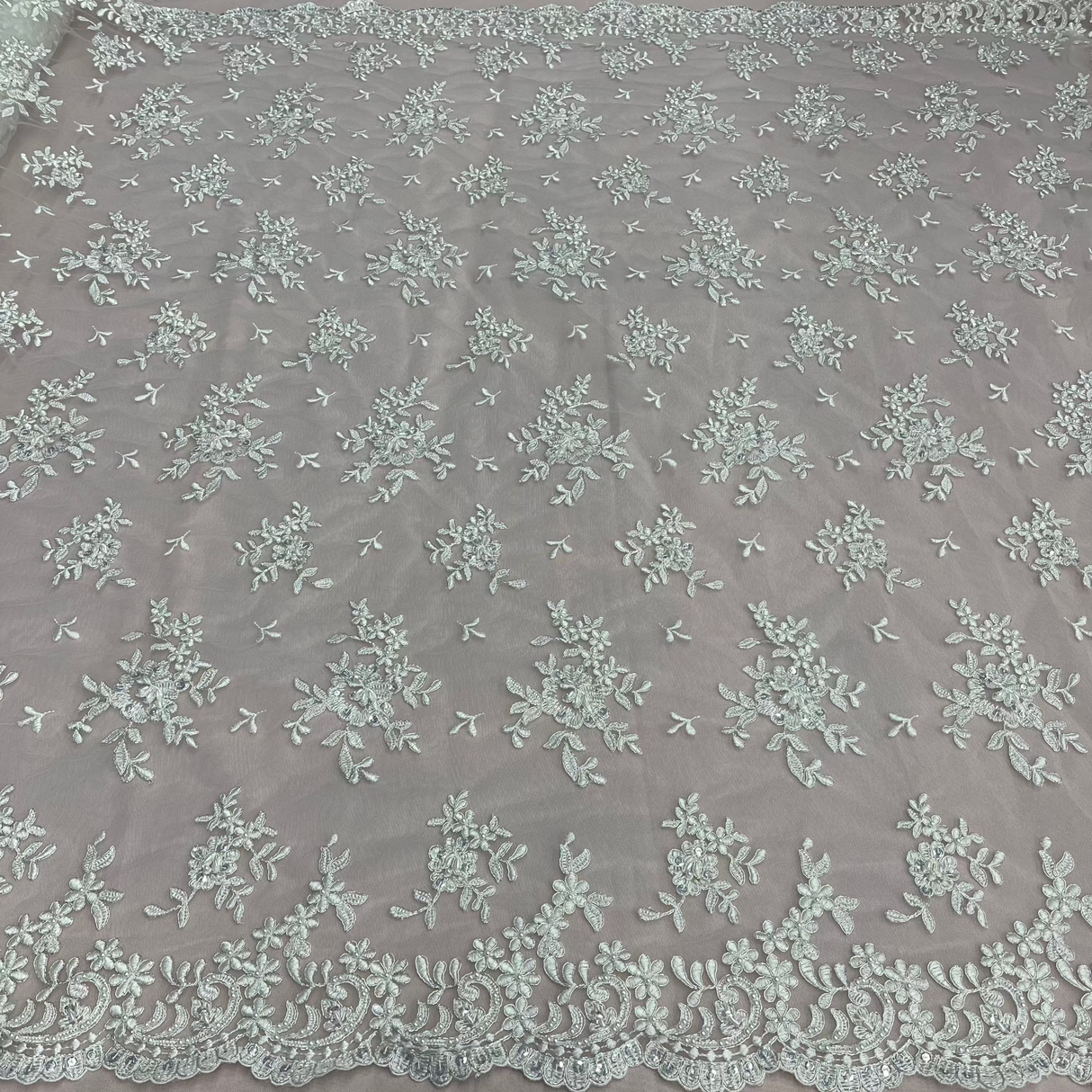 Beaded Corded Floral Lace Fabric 52" Scalloped Edges