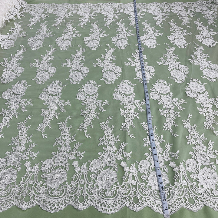 1 Yard Elegant Corded Bridal Lace Fabric with Floral Embroidery White