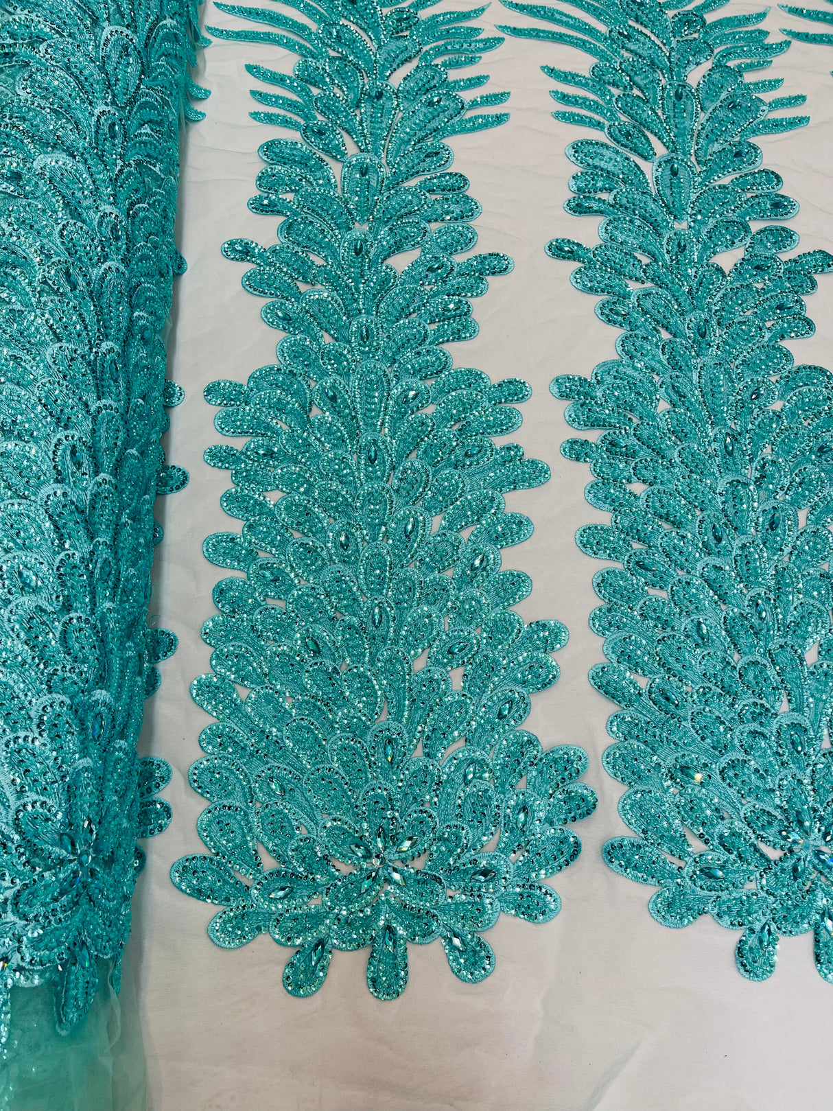 New Vegas Heavy Beaded Feather Design Embroidery Mesh Fabric - Beaded Feather Design, 11" Width, 50" Length (1 Panel)