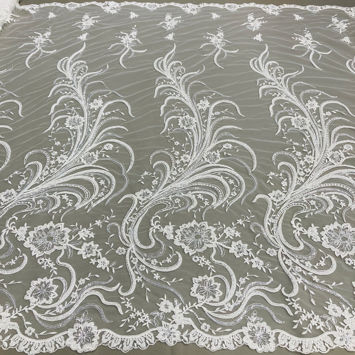 1 Yard Luxurious Beaded and Corded Bridal Lace Fabric Embroidered on 100% Polyester Net Mesh White
