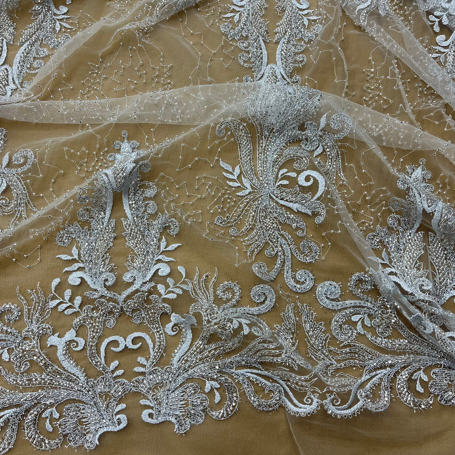 1 Yard Beaded Lace Fabric Embroidered With Fuzzy Thread on 100% Polyester Net Mesh