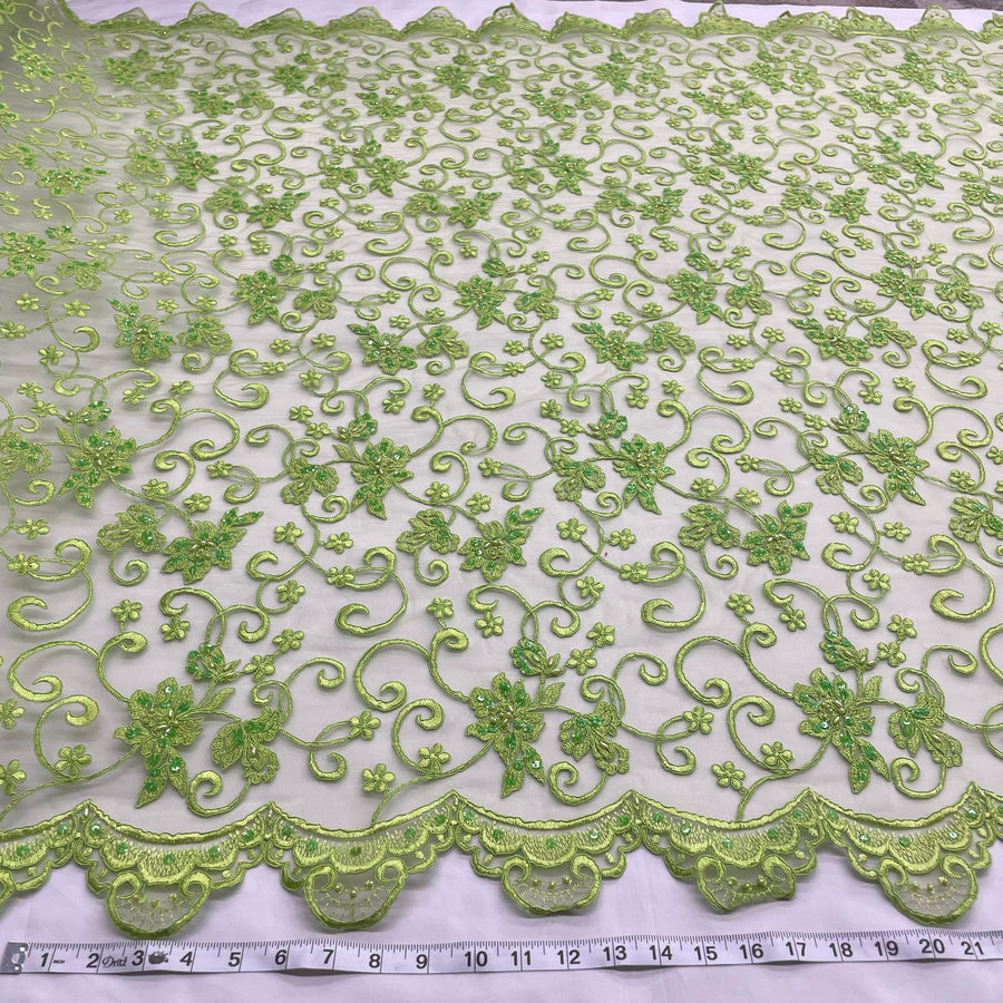 1 Yard - Beaded & Corded Bridal Fabric Lace Embroidered on 100% Polyester Net Mesh - Ivory - 54"