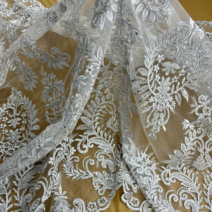 1 Yard Elegant Beaded & Corded Bridal Lace Fabric on 100% Polyester Net Mesh - White
