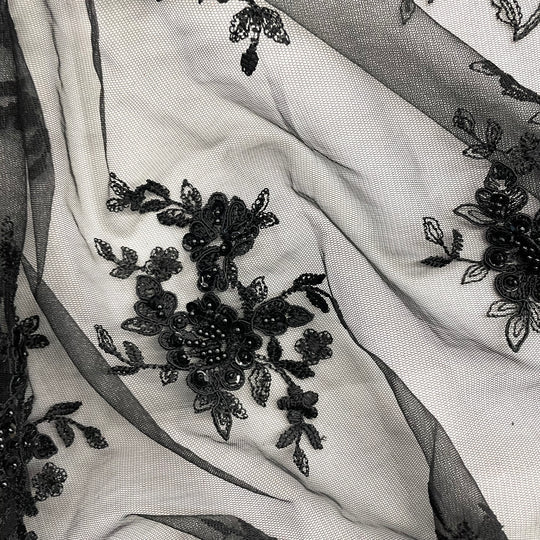 1 Yard Luxurious Beaded & Corded Bridal Lace Fabric Embroidered on Polyester Net Mesh – 54"