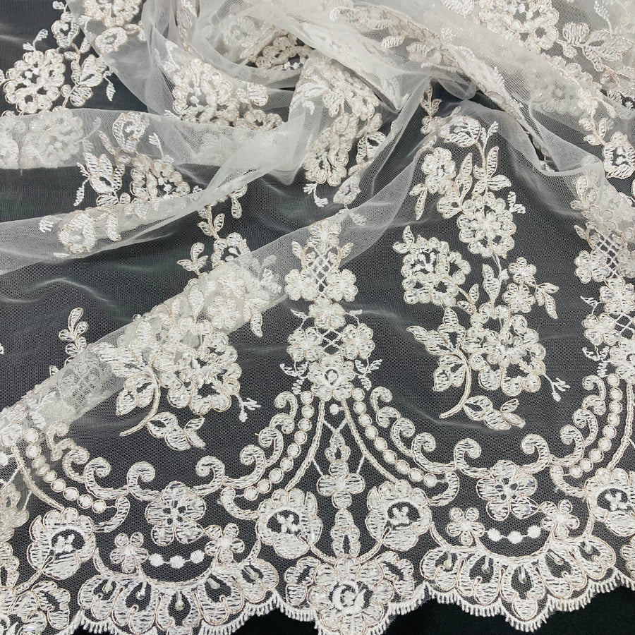 1 Yard Beaded Corded Lace Fabric Embroidered on 100 Percent Polyester Net Mesh 52 Inch Width