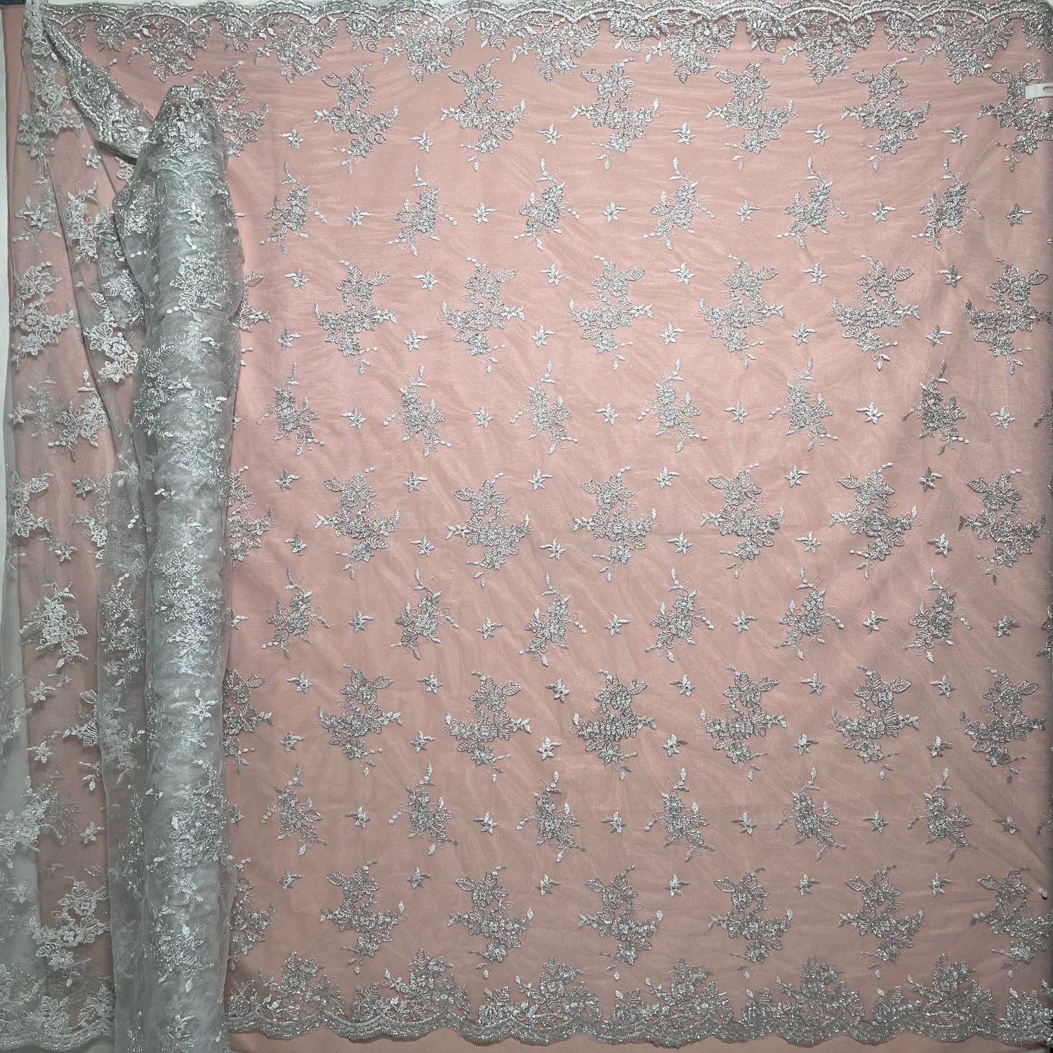 1 Yard Corded Bridal Lace Fabric Embroidered on Polyester Net Mesh Silver for Wedding and Evening Gowns – 51"