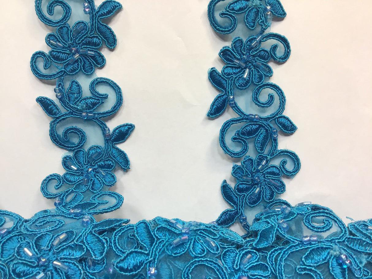 Beaded & Corded Lace Trimming Embroidered On 100% Polyester Fabric - Corded, Beaded & Embroidered Trimming, 1.5" Width (1 Yard)