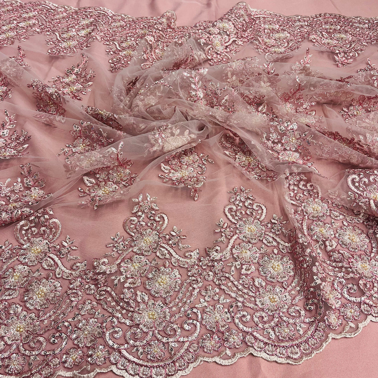 Beaded Corded Lace Fabric Metallic Scallops