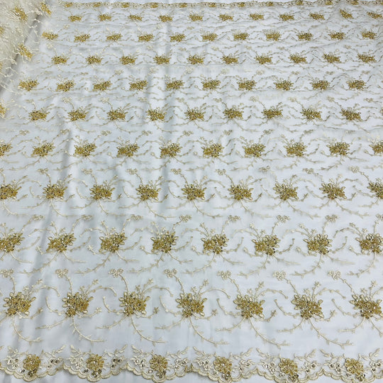 1 Yard Beaded Corded Bridal Lace Fabric Embroidered on 100 Percent Polyester Net Mesh Gold