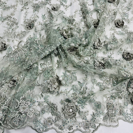 1 Yard Beaded Rhinestone 3D Floral Lace Fabric Embroidered 100 Percent Polyester Net Mesh 50 inch Width
