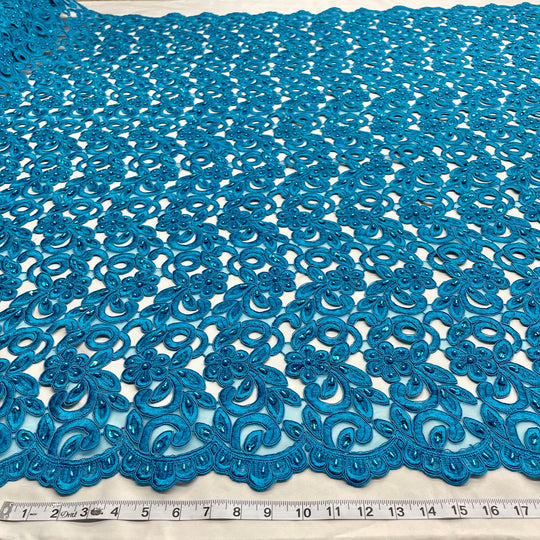 1 Yard Luxurious Beaded and Corded Bridal Lace Fabric Embroidered on Polyester Net Mesh