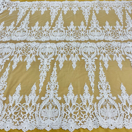 1 Yard Beaded and Corded Bridal Lace Fabric Embroidered on Polyester Net Mesh White Ivory Blush and Gold