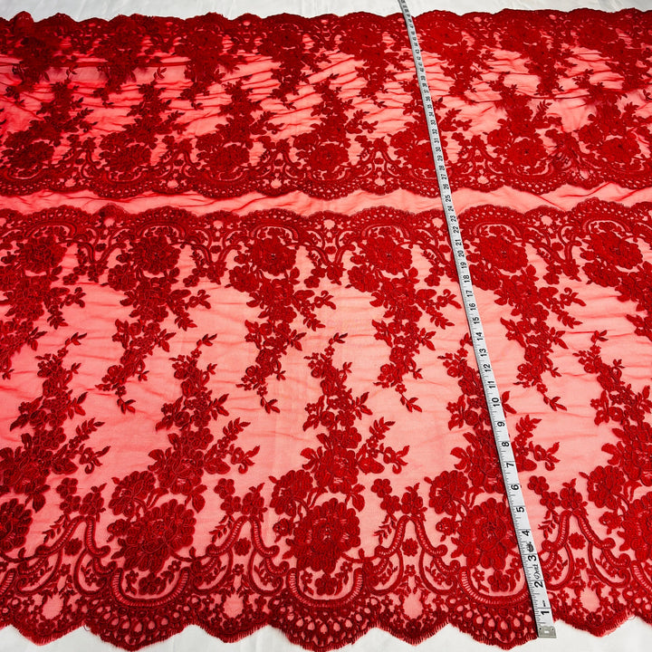 1 Yard Exquisite Corded Bridal Lace Fabric with Embroidered Floral Details White