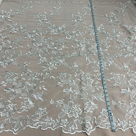 1 Yard Corded Bridal Lace Fabric Embroidered on Polyester Net Mesh 53 inch Width