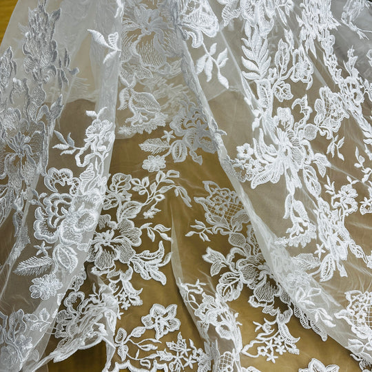 1 Yard Corded Bridal Lace Fabric Embroidered on Polyester Net Mesh 53 inch Width