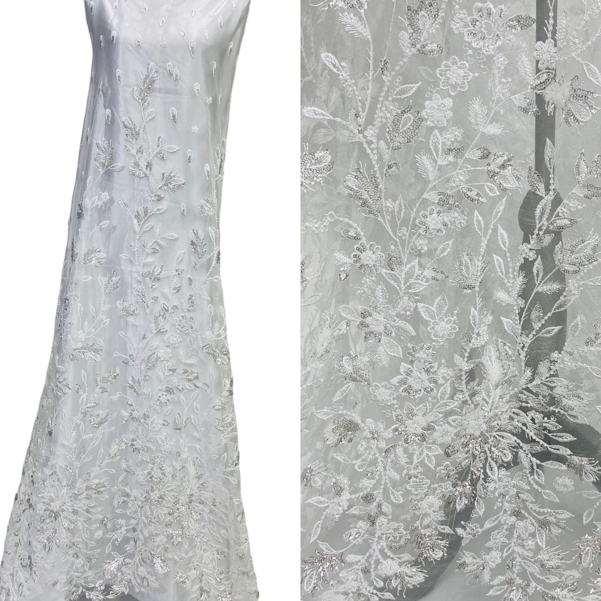 Beaded Sequined Lace Fabric - Embroidered Net Mesh, White, Ivory, Gold Metallic, Silver Metallic, 54" Width (1 Yard)