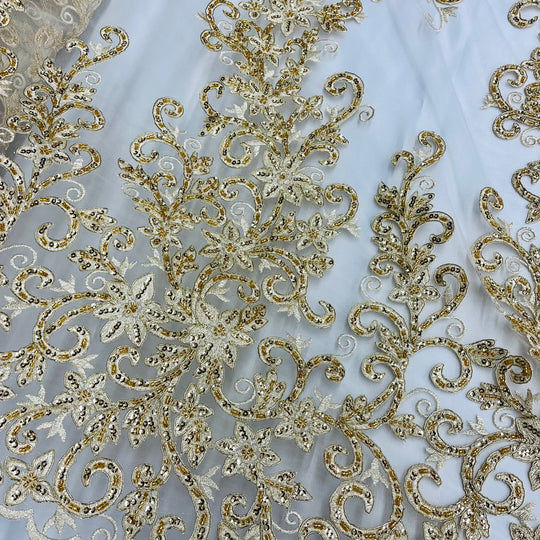 1 Yard Beaded and Corded Bridal Lace Fabric Embroidered on Polyester Net Mesh 51 inch Width