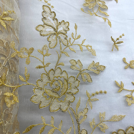 1 Yard Corded Bridal Lace Fabric Embroidered on Polyester Net Mesh for Elegant Wedding and Evening Gowns – 54"