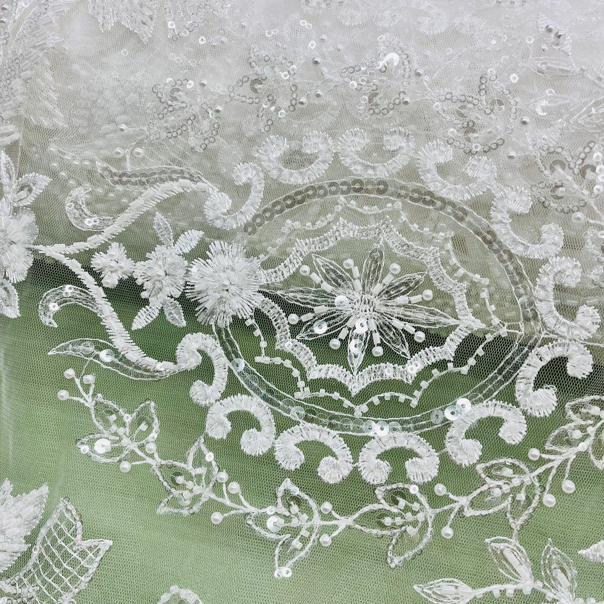 Beaded Lace Fabric on Polyester Net Mesh