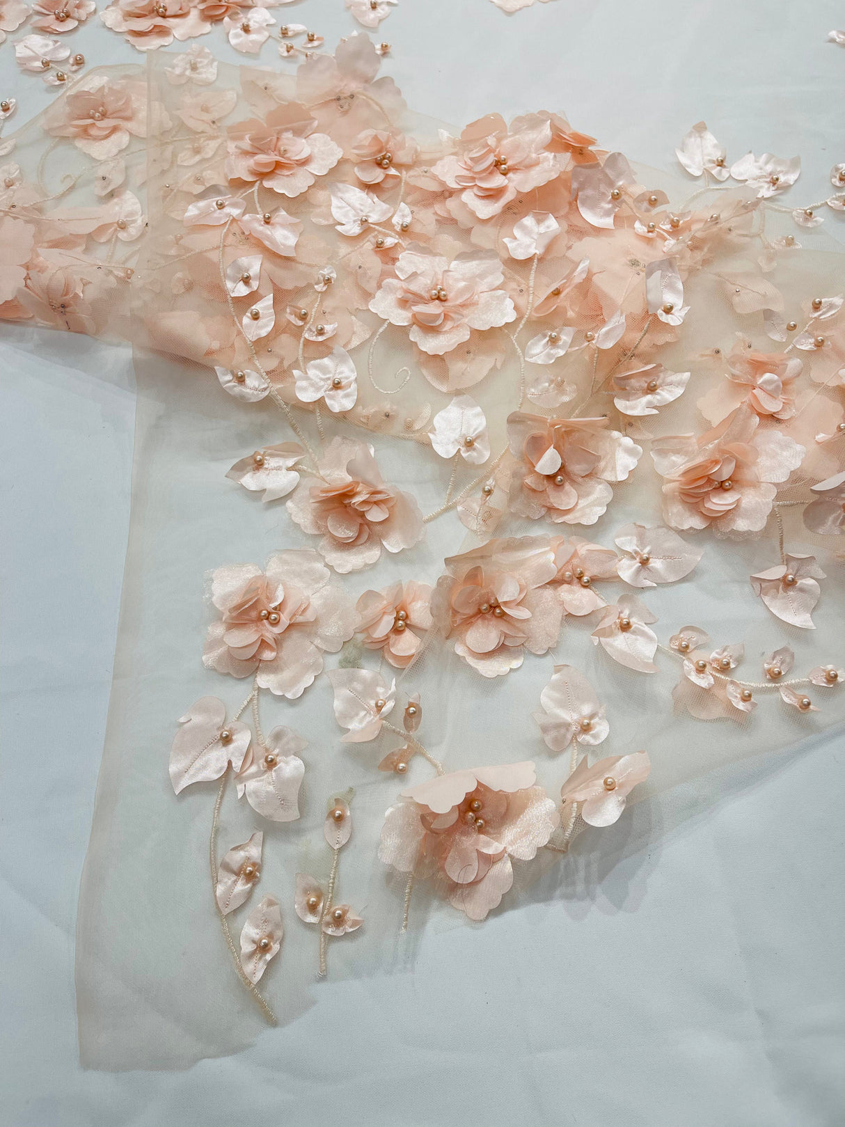 Orquidia 3D Floral Design Embroidered With Pearls Lace Fabric - 3D Floral Mesh Lace, 54" Width (1 Yard)