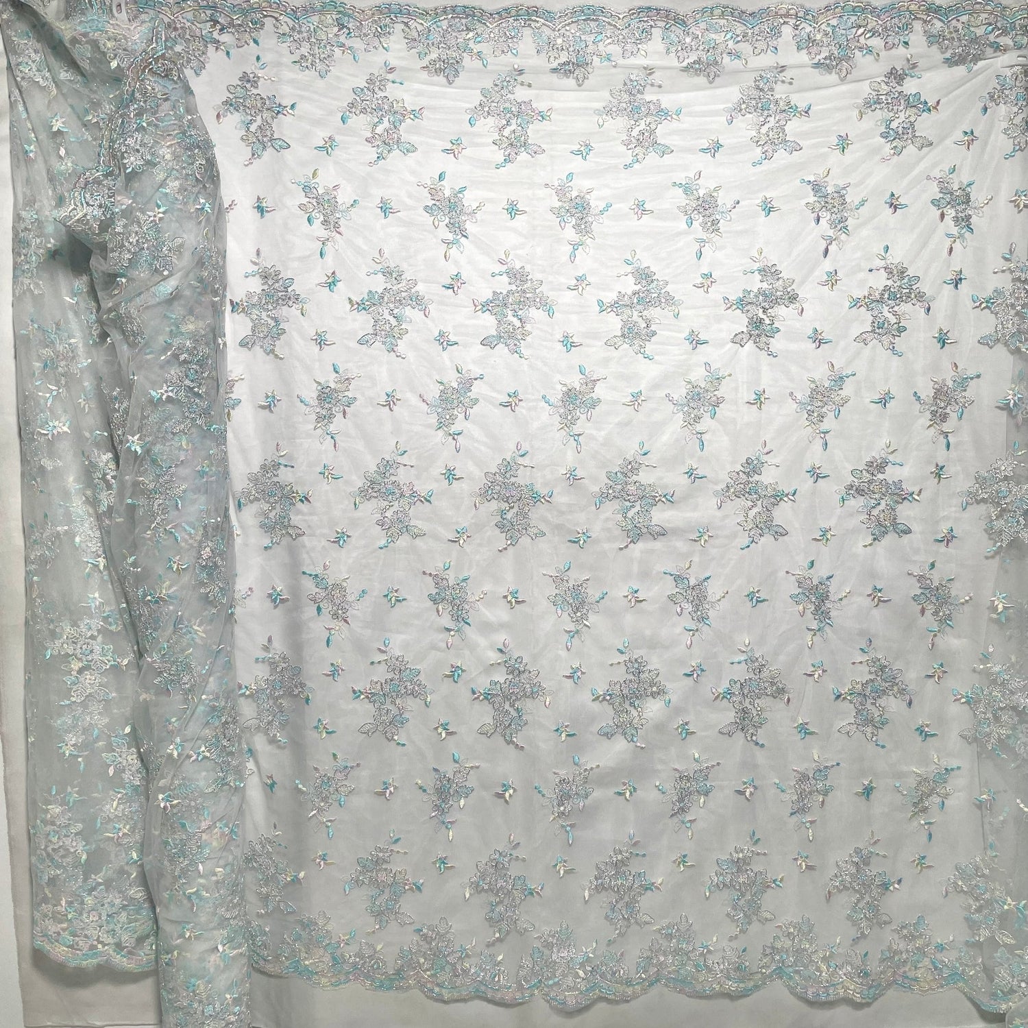 1 Yard Corded Bridal Lace Fabric Embroidered on Polyester Net Mesh Silver for Wedding and Evening Gowns – 51"