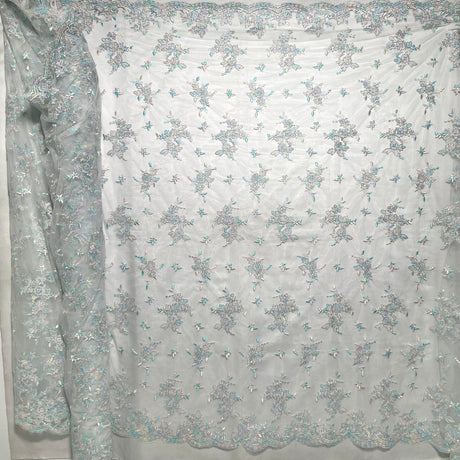 1 Yard Corded Bridal Lace Fabric Embroidered on Polyester Net Mesh Silver for Wedding and Evening Gowns – 51"