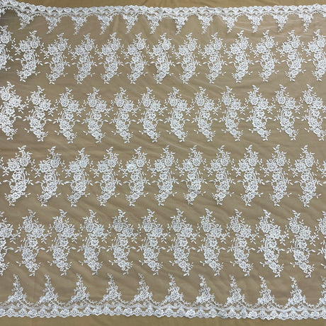 1 Yard Silver Corded Bridal Lace Fabric Embroidered on Polyester Net Mesh for Wedding and Evening Gowns – 54"