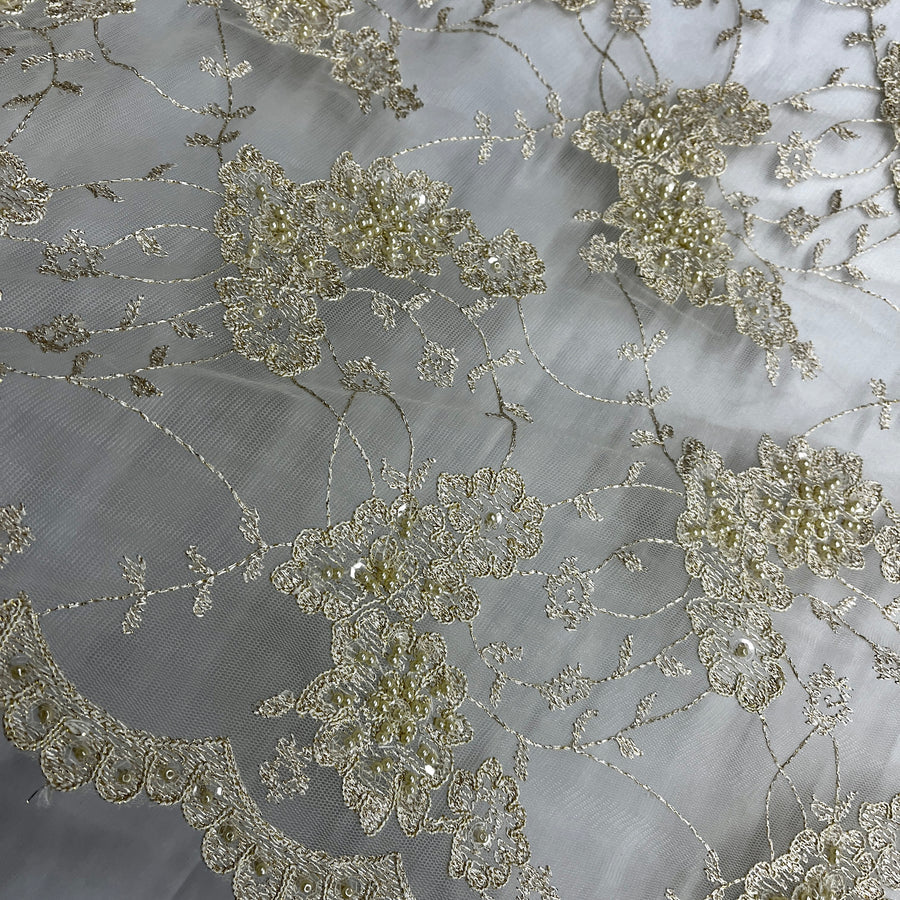 1 Yard Beaded and Corded Lace Fabric Embroidered on Polyester Net Mesh