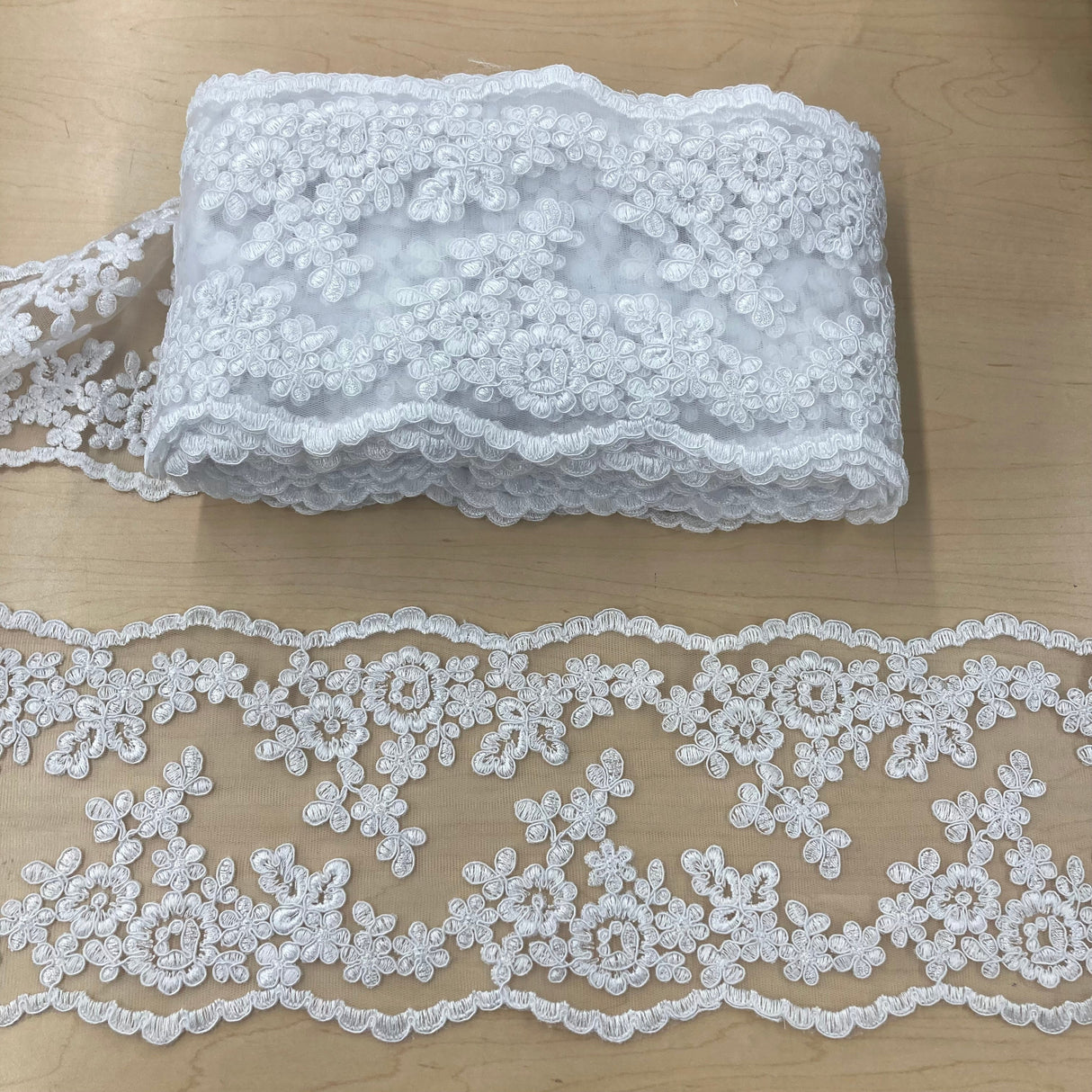 Corded Double Sided Lace Trimming Polyester Fabric - Gold Metallic, Ivory With Silver Cording, Ivory, White With Silver Cording, White, Silver Metallic, 6" Width (1 Yard)