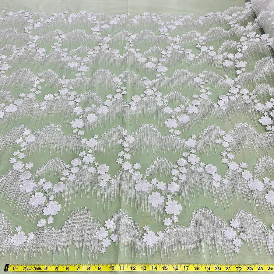 1 Yard Luxurious Beaded 3D Floral Lace Fabric Embroidered on 100% Polyester Net Mesh White