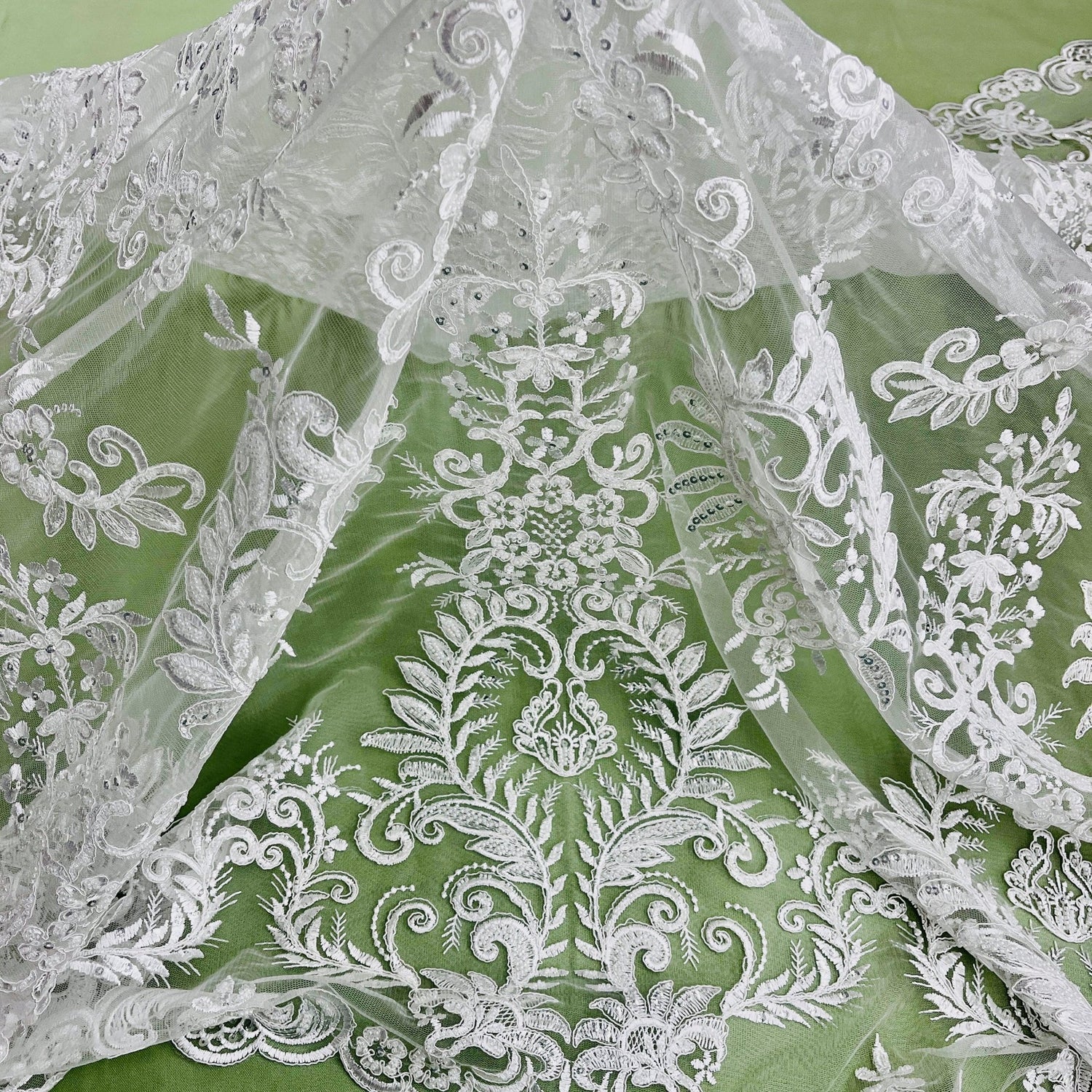 1 Yard Beaded Corded Bridal Lace Fabric Embroidered 100 Percent Polyester Net Mesh 52 inch Width