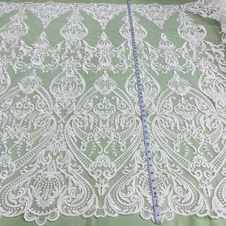 1 Yard Ivory Corded Bridal Lace Fabric Embroidered on 100 Percent Polyester Net Mesh 54 Inch Width
