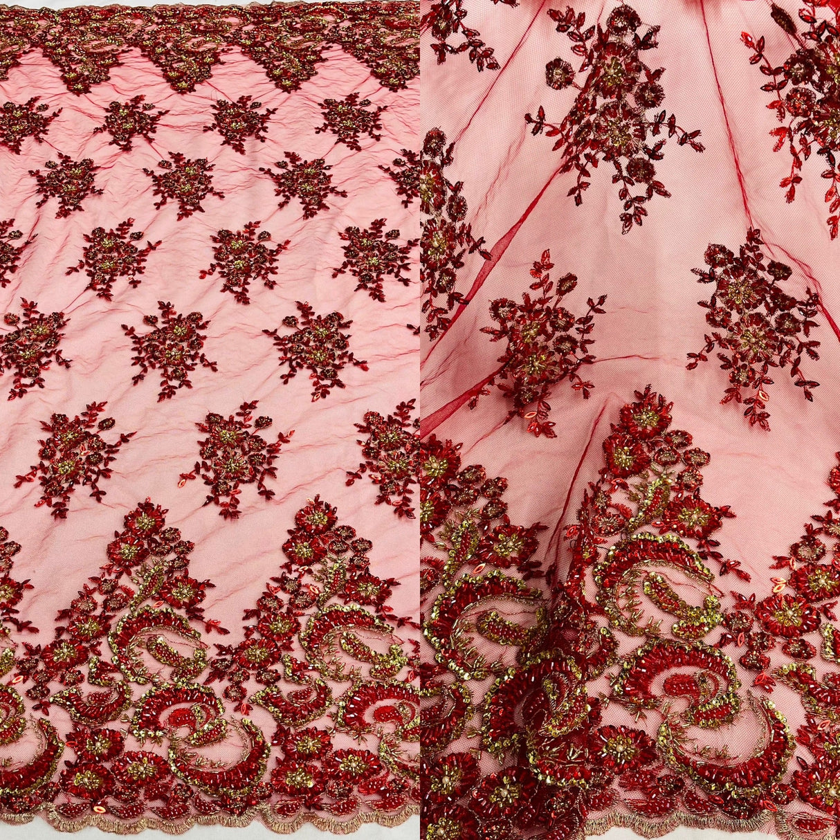 Beaded Sequined Lace Fabric on Polyester Mesh