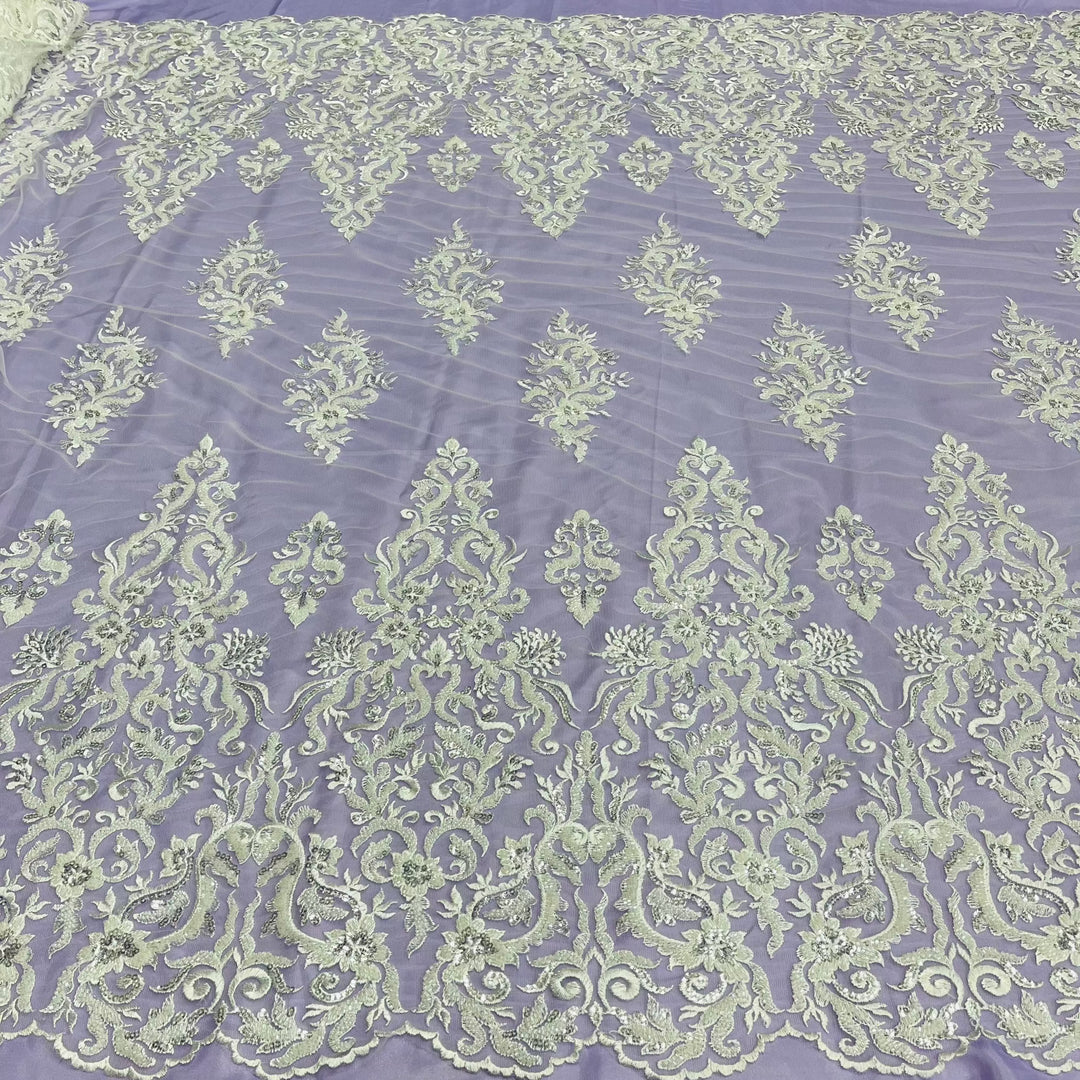 1 Yard Beaded & Sequined Lace Fabric Embroidered on 100% Polyester Net Mesh