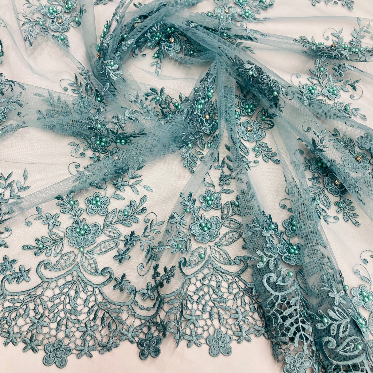 Beaded 3D Floral Lace Polyester Fabric - Jade Floral Embroidered Beaded Mesh, 52" Width (1 Yard)