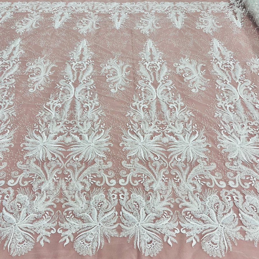 1 Yard Beaded Lace Fabric Embroidered With Fuzzy Thread on 100% Polyester Net Mesh