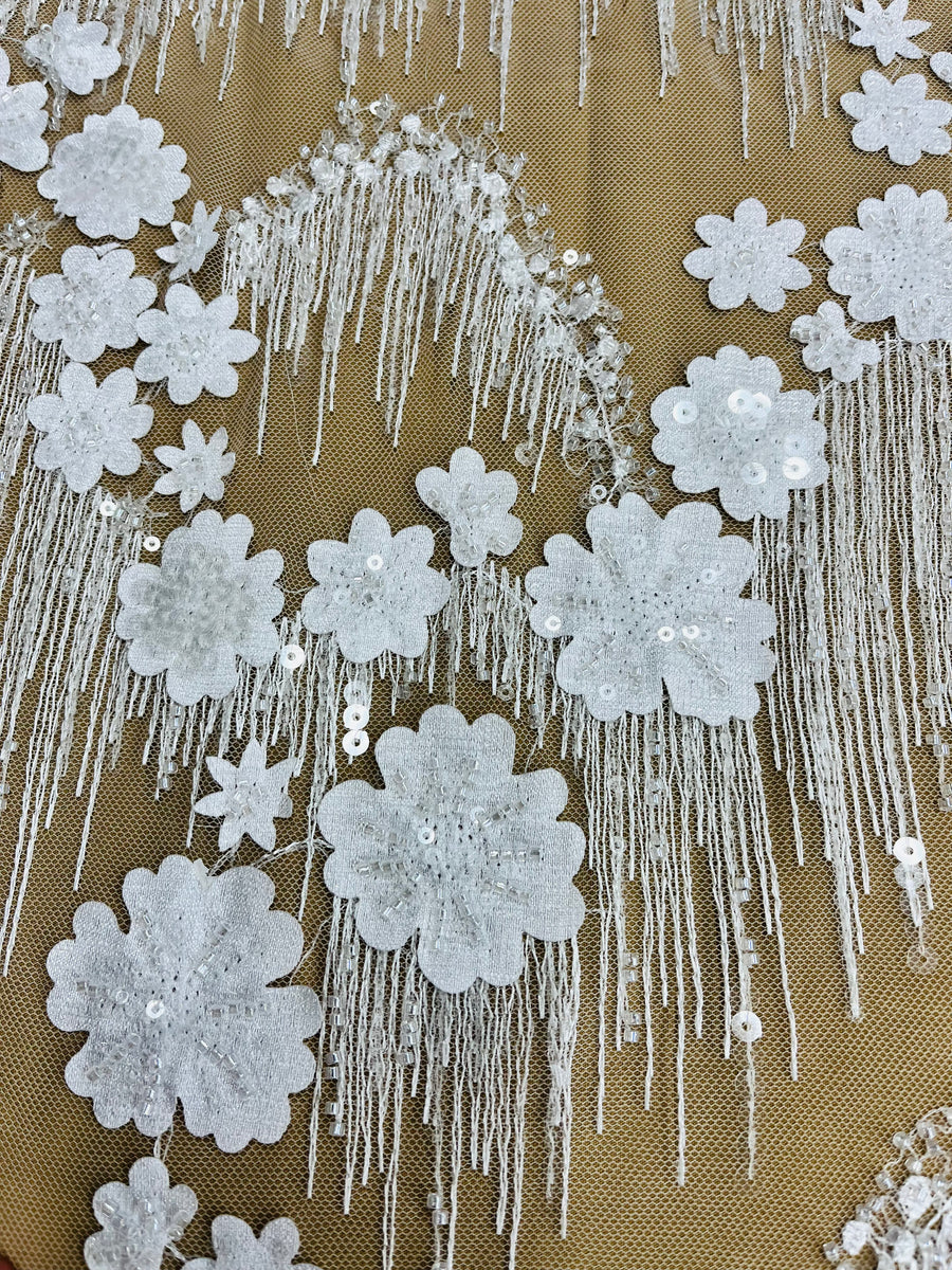 1 Yard Luxurious Beaded 3D Floral Lace Fabric Embroidered on 100% Polyester Net Mesh White