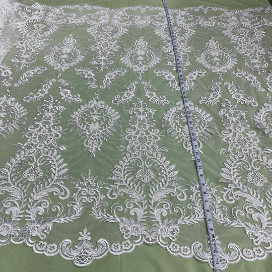 1 Yard Beaded Corded Bridal Lace Fabric Embroidered 100 Percent Polyester Net Mesh 52 inch Width
