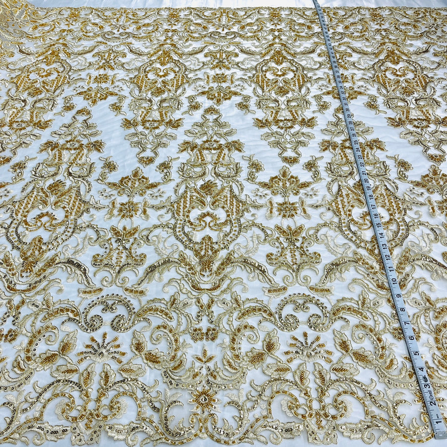 1 Yard Beaded & Corded Bridal Lace Fabric Embroidered on 100% Polyester Net Mesh