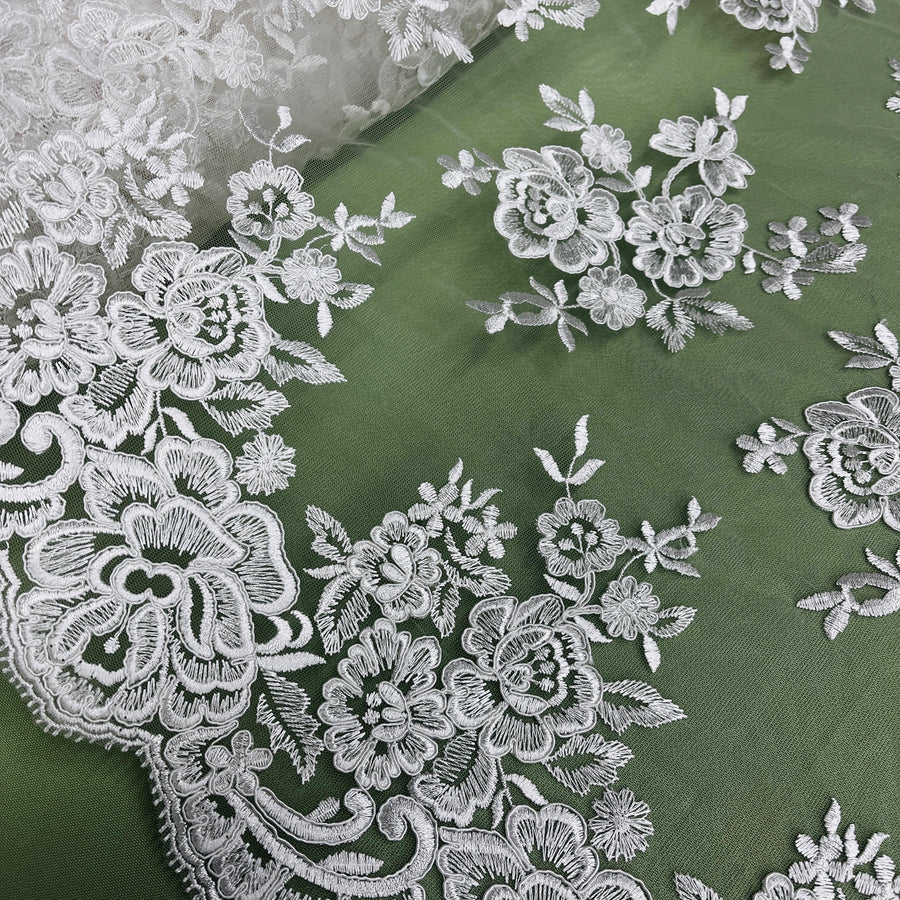 1 Yard Ivory Corded Bridal Lace Fabric Embroidered on Polyester Net Mesh 51 Inch Width
