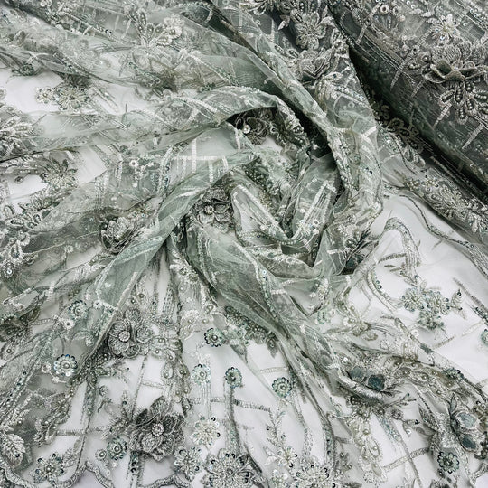 1 Yard Beaded Rhinestone 3D Floral Lace Fabric Embroidered 100 Percent Polyester Net Mesh 50 inch Width